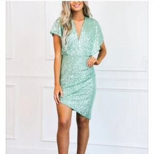 Women's Harlyn Mint Blue Sequin Dress XS Faux Wrap Front Cocktail Formal